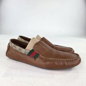 GUCCI Brown Canvas GG Logo Loafers US 13.5 Leather Slip-On Moc Driving Shoes